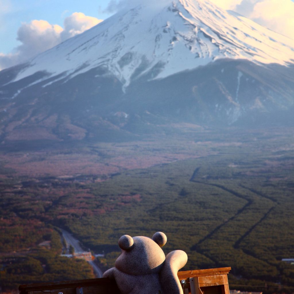 神社屋顶的小熊，和远处的富士山形成鲜明对比